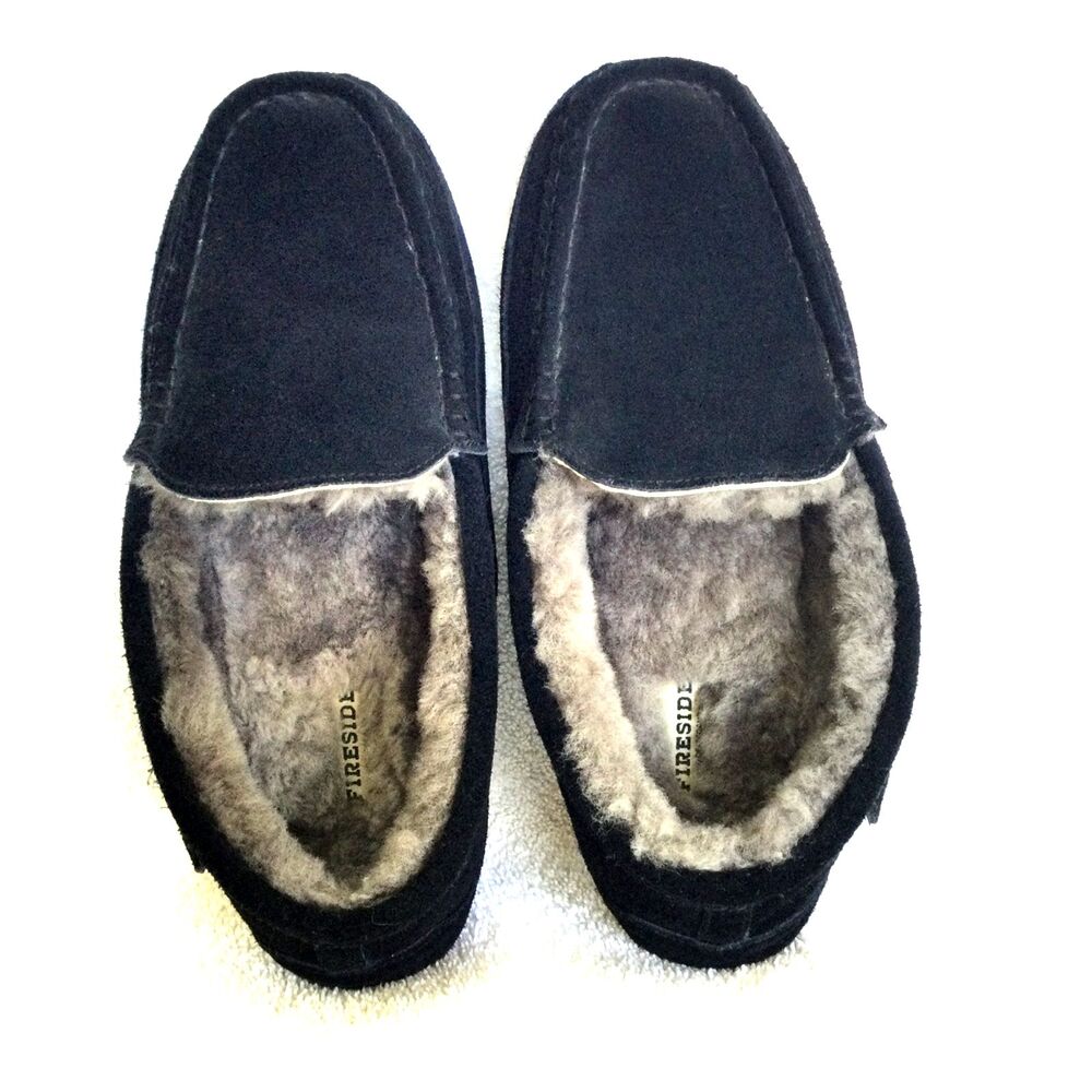 Fireside Mens Slippers Size 10 Melbourne Shearling Black Indoor Outdoor EU 43